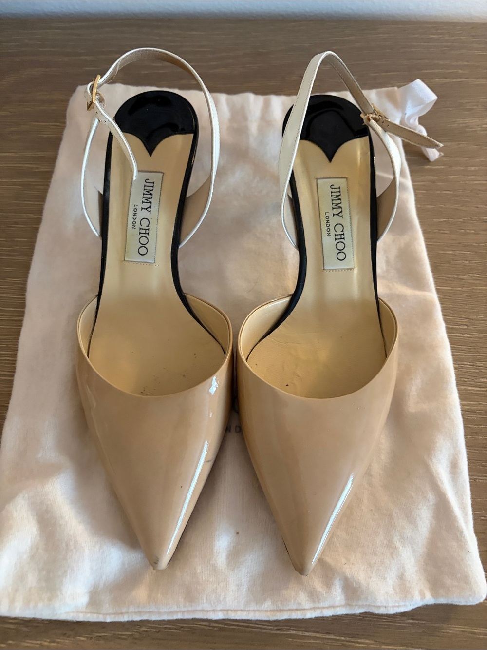 Jimmy Choo Nude Patent Pointed Slingback Kitten Heels
